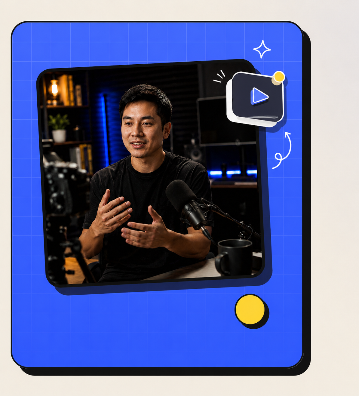 Professional creator speaking on camera with a modern creator-style graphic design